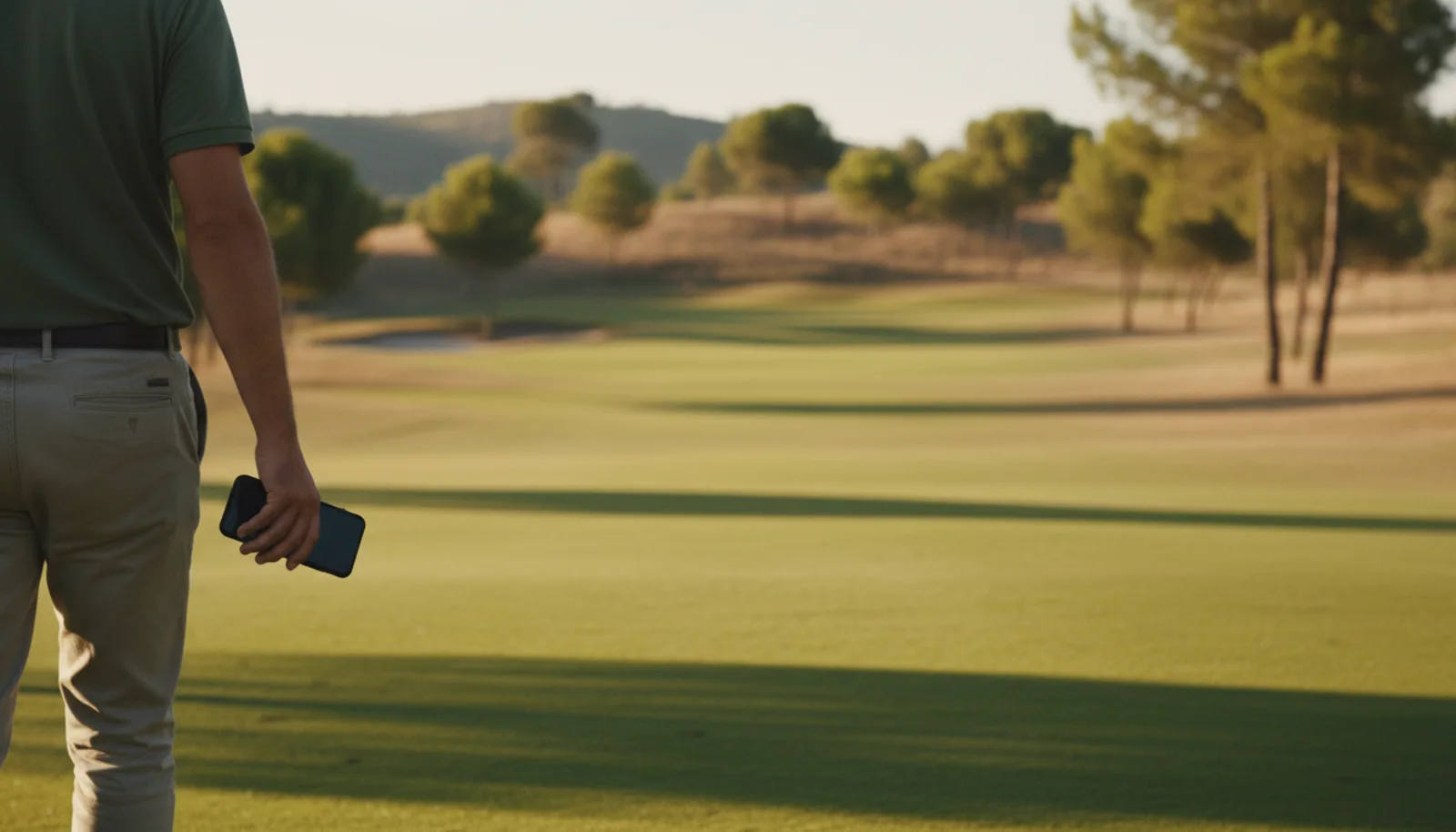 Mano de un golfista sosteniendo un móvil apagado mientras camina por la calle de un campo español