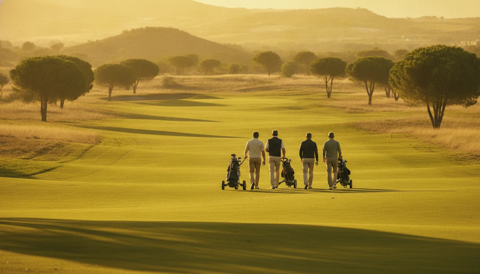 Cuatro golfistas caminando juntos por la calle con sus carros, en un campo español a última hora de la tarde