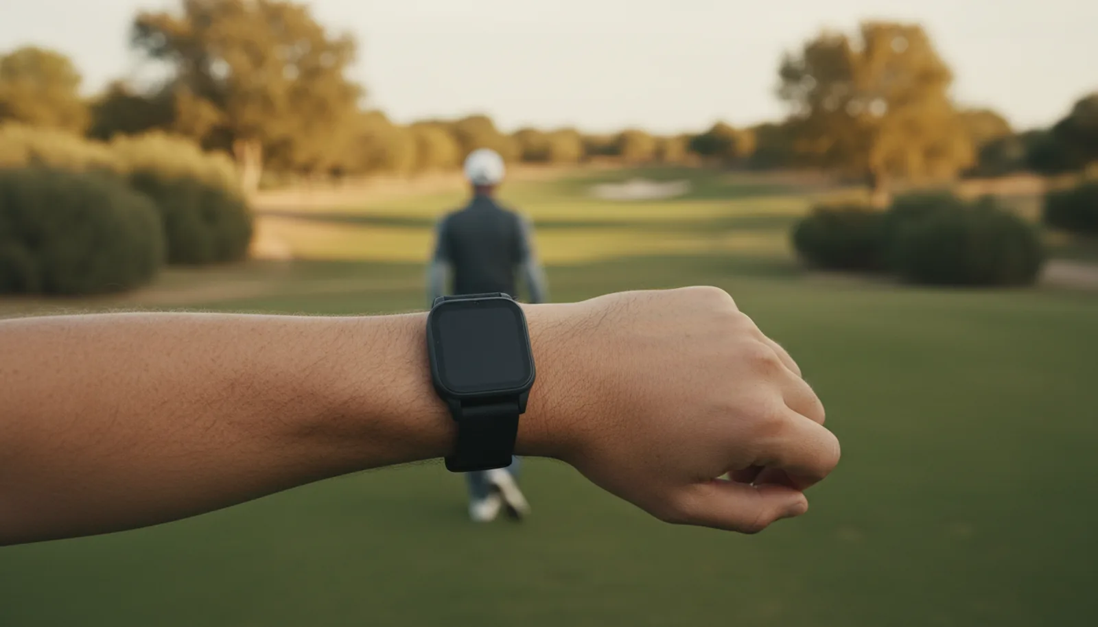 Muñeca de un golfista con un reloj deportivo de pantalla apagada, con el campo desenfocado al fondo