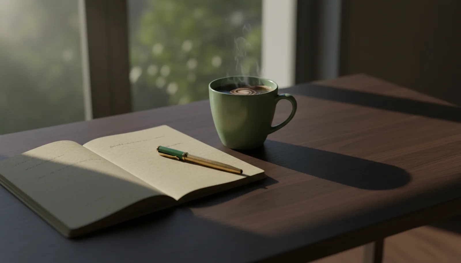 Cuaderno abierto, bolígrafo y una taza de café sobre una mesa de madera oscura junto a una ventana