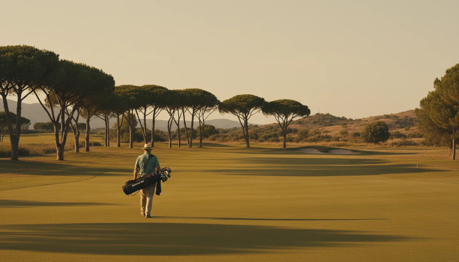 Golfista de espaldas caminando solo por una calle con la bolsa al hombro, entre pinos piñoneros, a la luz dorada del atardecer