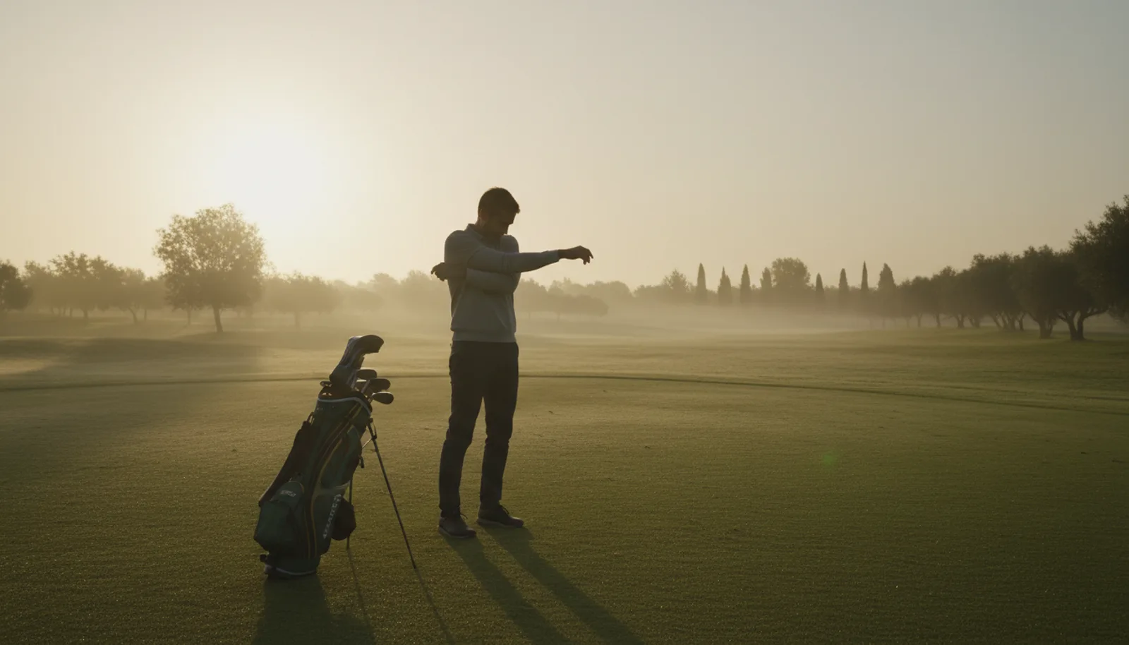 Golfista estirando los hombros despacio junto a su bolsa en una zona de prácticas vacía al amanecer
