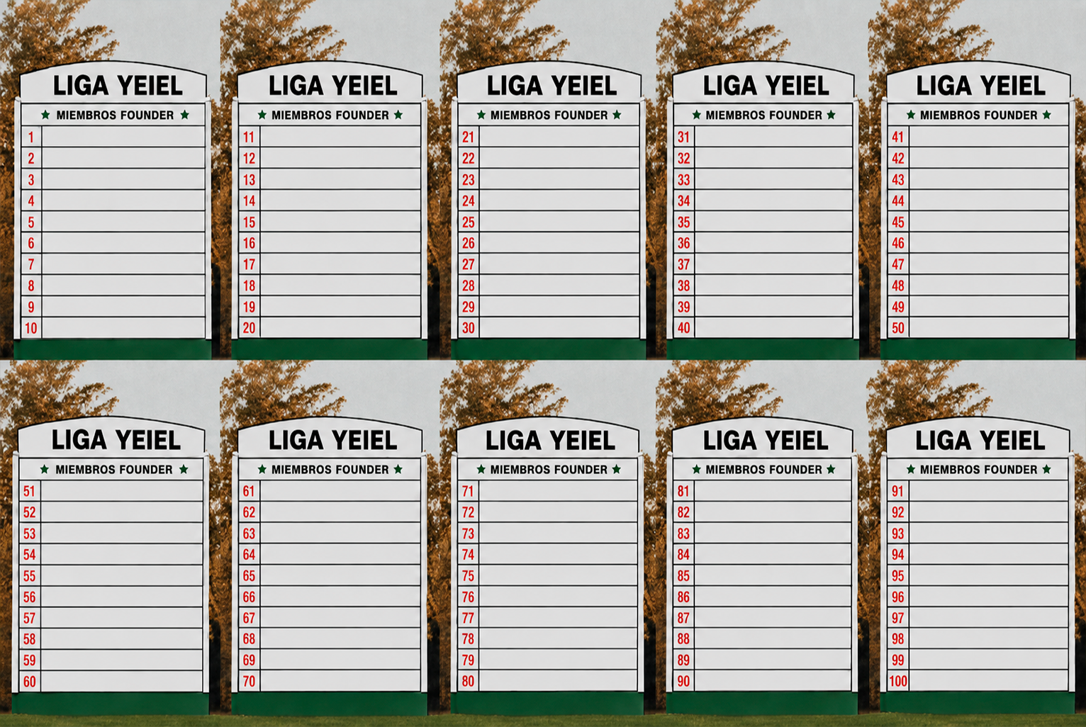 Wall of Founders de la Liga YEIEL: 10 paneles con 100 plazas numeradas para los founders inscritos.